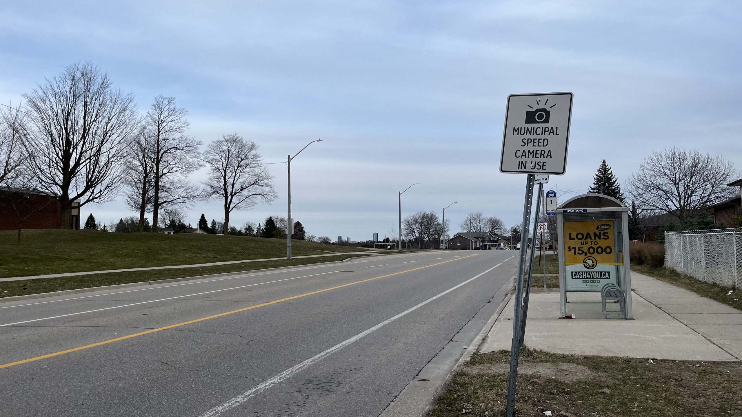 A 'municipal speed camera in use' sign on Westheights Dr. in Kitchener.